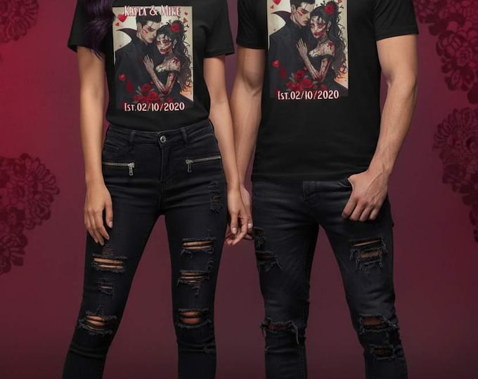 Zombie Vampire Couple Tee | Custom Name and Anniversary Kayla & Mike, Est. 02/10/2020