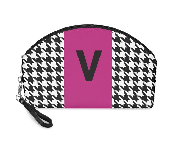 Magenta, Black, and White Houndstooth patterned Makeup Bag, Personalized with Initial V, Her Makeup bag, Initialized