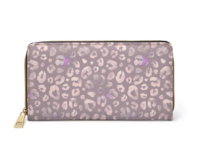Mauve Leopard Print Zipper Wallet | Purple Accent Animal Print Wallet