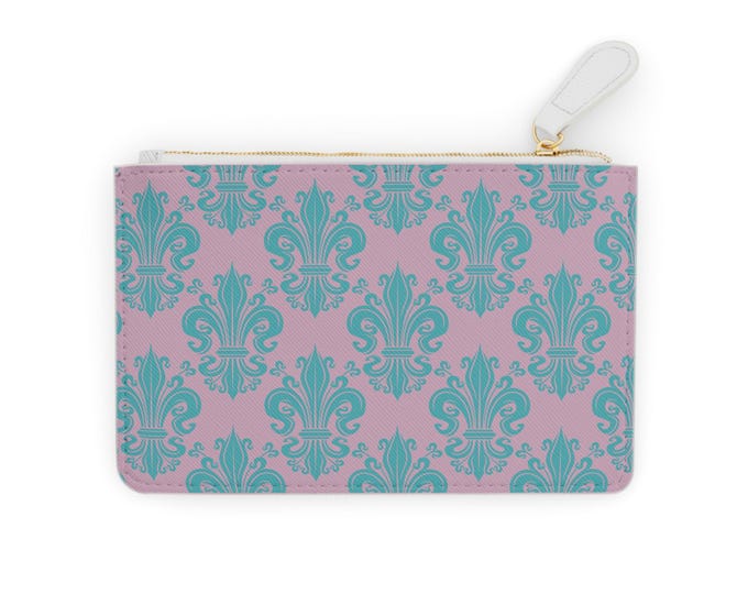 Teal Fleur de Lis Pattern Mini Clutch Bag | Pink Background, Damask Design
