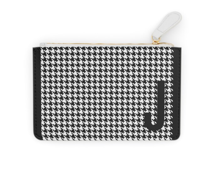 Houndstooth Black Mini Clutch – Personalized with Initial J | Vegan Leather Zippered Card Holder | Gift for Her | Stylish Mini Wallet