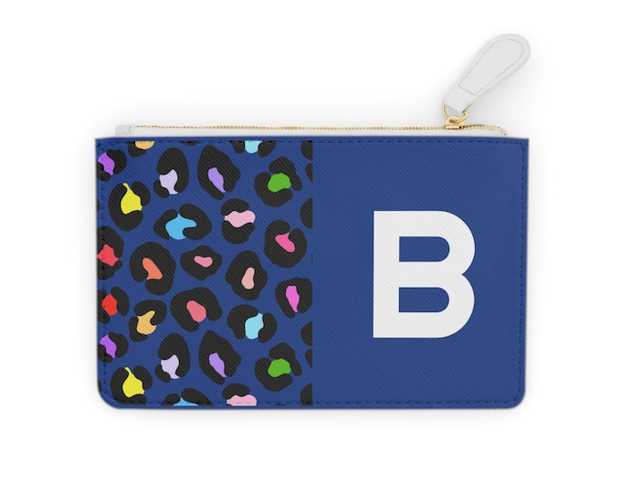 Initial B Mini Clutch | Blue Leopard Rainbow Print Bag | Personalized Vegan Leather Pouch | Gift for Her | Stylish Travel Accessory