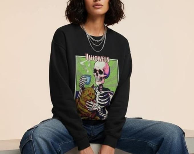 Halloween Skeleton Sweatshirt, Spooky Fall Apparel, Unisex Crewneck, Cozy Halloween Gift, Vintage Style Sweatshirt