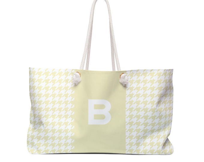 Buffalo Butter Houndstooth Weekender Tote, Personalized A-Z Initial Bag, Sustainable Oversized Travel Purse for Her