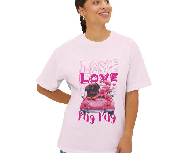 Pink Love Pug Pug Valentine Shirt, Unisex Oversized Boxy Tee