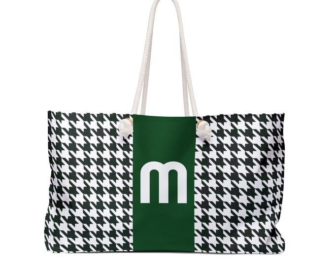 Houndstooth Black White & Forest Green Weekender Tote Bag – Personalized Women’s Oversized Travel Handbag with Initial M