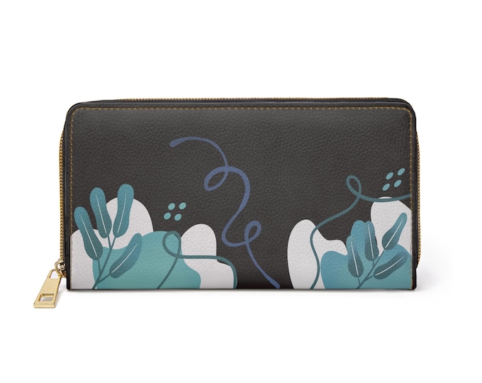 Teal Abstract Floral Zipper Wallet | Botanical Line Art Wallet