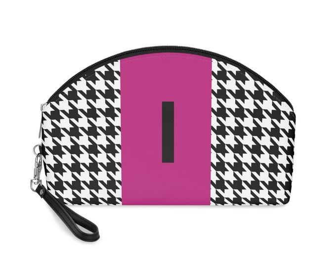 Magenta, Black, and White Houndstooth patterned Makeup Bag, Personalized with Initial I, Her Makeup bag, Initialized