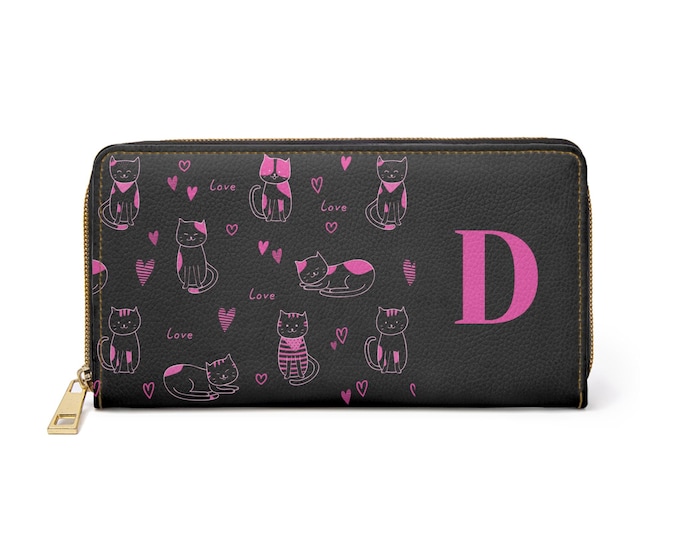 Pink Love Cats Wallet: Personalized Black Zippered Faux Leather Wallet