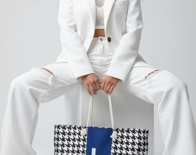 Houndstooth Black and White with Blue and Black L Initialized Detail Womens Weekender Tote Bag, Womens Handbag, Womens Bag