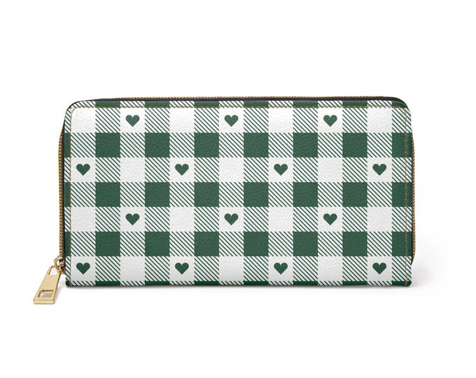 Emerald Green Plaid Hearts Zipper Wallet | Plaid Heart Pattern Wallet