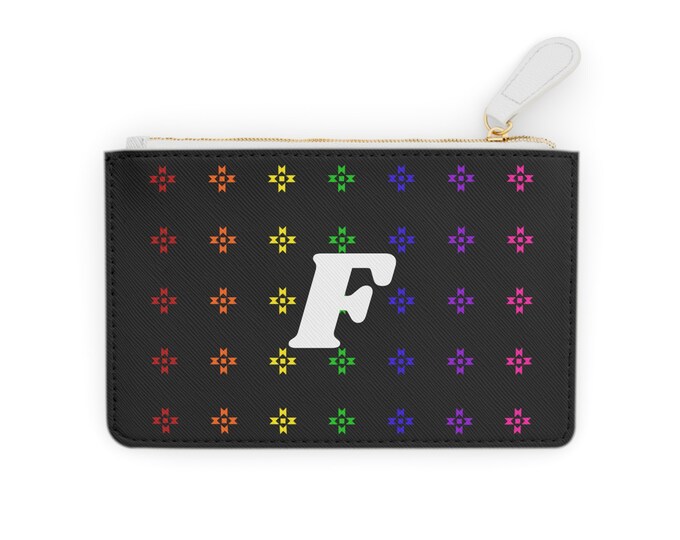 Rainbow Native Stars Mini Clutch, Personalized Cardholder, White Initial F, Initialized