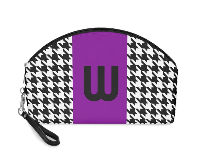 Purple, Black, and White Houndstooth patterned Makeup Bag, Personalized with Initial ,W Her Makeup bag, Initialized