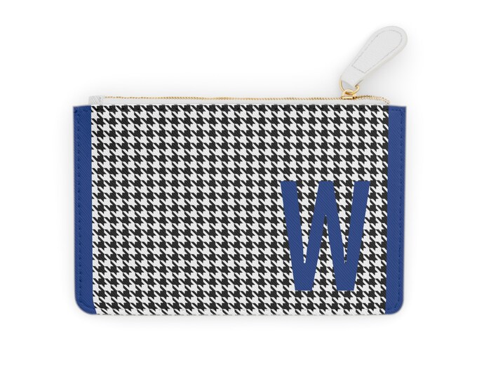 Houndstooth Blue Detail Initialized, W Initial, Personalized Mini Clutch Bag, Womens Zippered Card Holder
