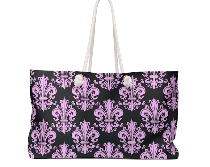 Lilac Fleur-de-Lis Pattern Weekender Bag | Black Pink Travel Tote Bag