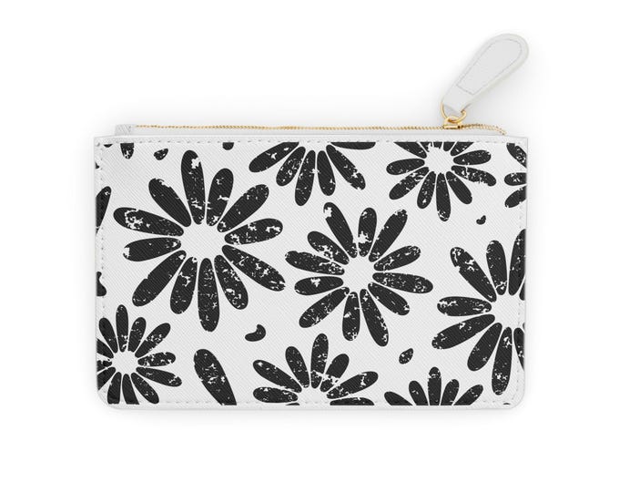 Black Daisy Pattern Mini Clutch Wallet | Floral Coin Purse, Zip Pouch