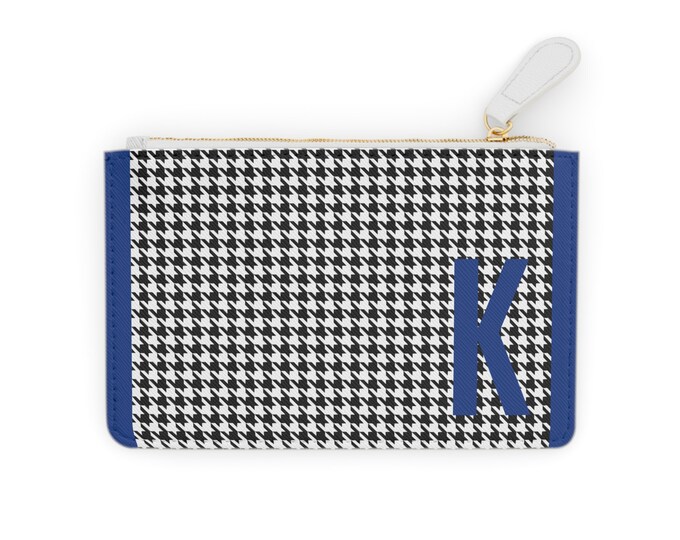Houndstooth Blue Detail Initialized, K Initial, Personalized Mini Clutch Bag, Womens Zippered Card Holder