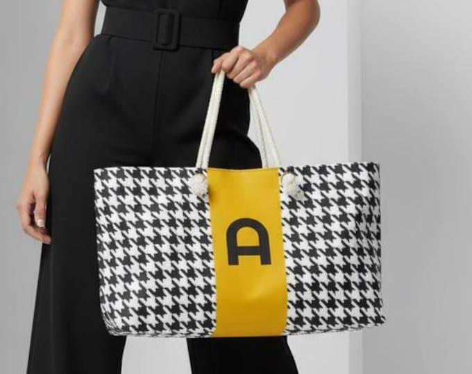 Custom Tote Bag | Houndstooth Pattern, Marigold, Black & White Personalized - A Initial