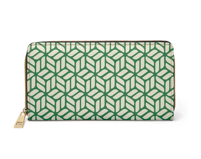 Geometric Green Cube Pattern Zipper Wallet | Modern Tile Print Wallet