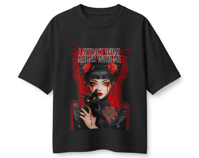I Attract What Aligns With Me Halloween Tee | Vampire Gothic Girl with Black Cat Illustration