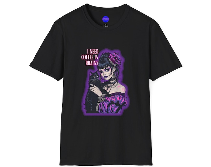 Goth Girl with Black Cat I Need Coffee & Brains T-Shirt | Vampire Witch Art