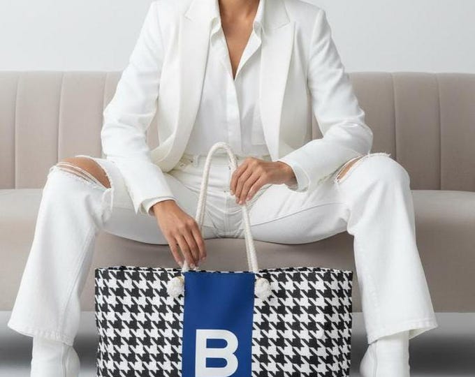 Custom Tote Bag | Houndstooth Blue, Black & White Personalized - B Initial