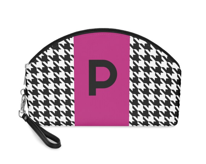 Magenta, Black, and White Houndstooth patterned Makeup Bag, Personalized with Initial P, Her Makeup bag, Initialized