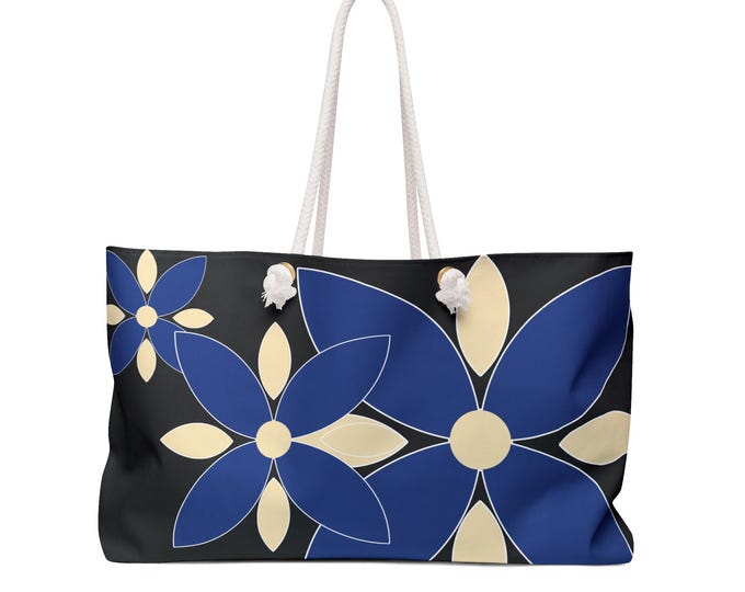 Blue Floral Pattern Weekender | Navy Blossom Black Tote Bag, Beach Travel Bag