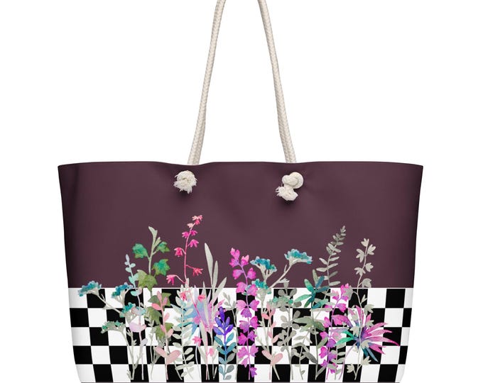 Native Berry Checkered Floral Oversized Weekender Bag – Bold Travel Tote with Rope Handles, Large Carryall for Trips & Getaways