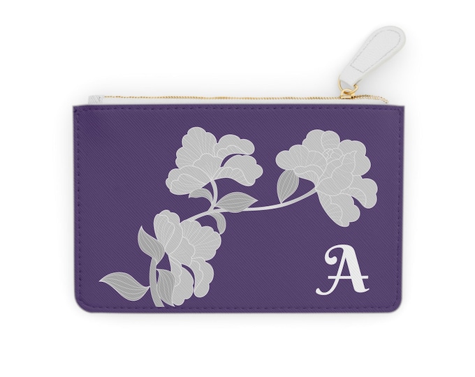 Purple Floral Small Wallet, Personalized with your Initial, Zippered Cardholder