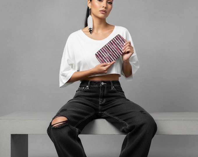 Pink Black Watercolor Stripes Zipper Wallet | Vertical Stripe Wallet