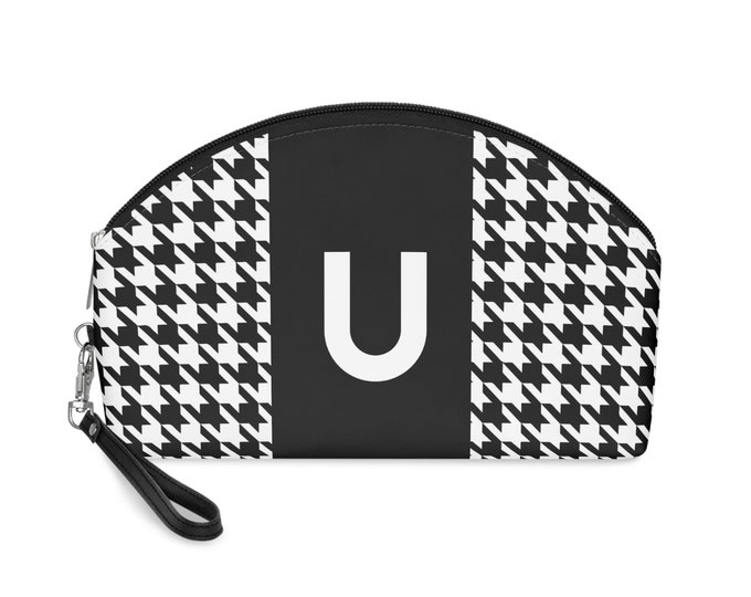 Black, and White Houndstooth patterned Makeup Bag, Personalized with Initial U, Her Makeup bag, Initialized