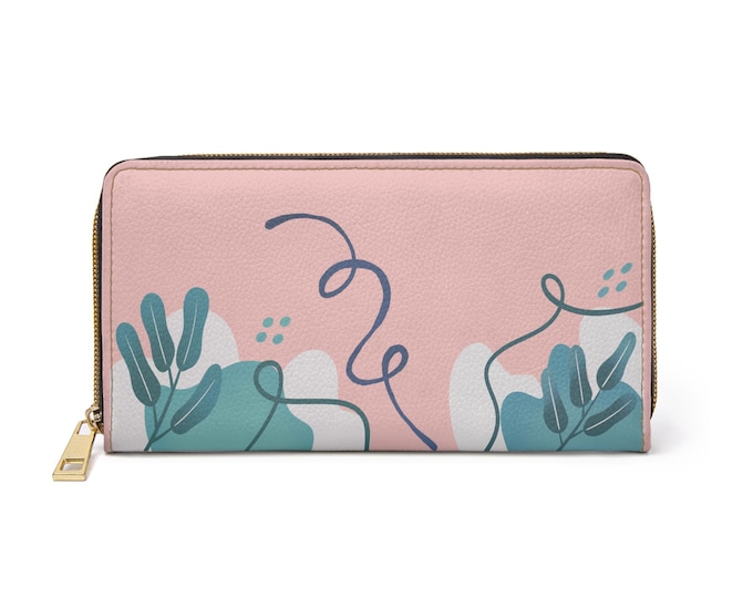 Pink Abstract Floral Zipper Wallet | Botanical Line Art Wallet