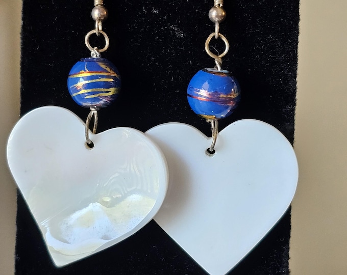 Heart shaped, Conch Shell, Blue Accent beads, Native designed, Earrings