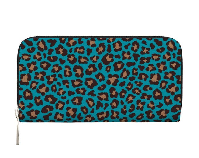 Aqua Leopard Pattern Long Zipper Wallet