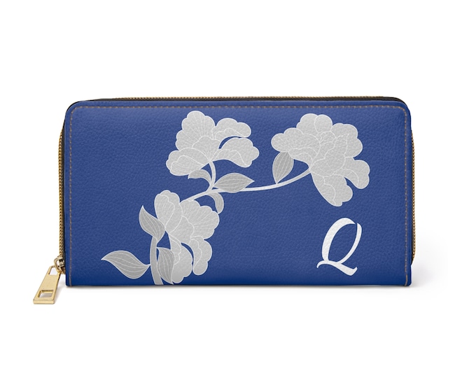 Blue Floral Wallet: Personalized Initial Zippered Faux Leather Clutch