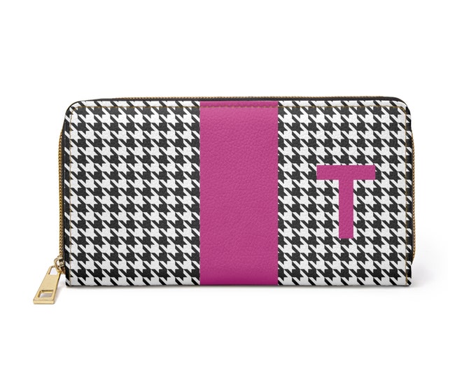 Houndstooth Black and White with Magenta T Initialized Detail Womens Zippered Wallet, Personalized Wallet, Initialized, Womens Wallet
