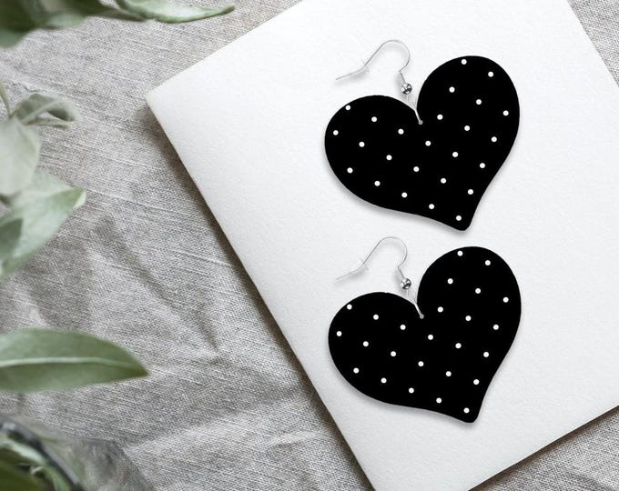 Black Heart White Polka Dot Leather Earrings | Lightweight Statement Earrings for Women