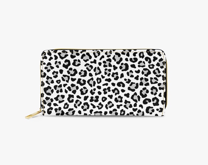 Black White Snowy Leopard Zipper Long Wallet