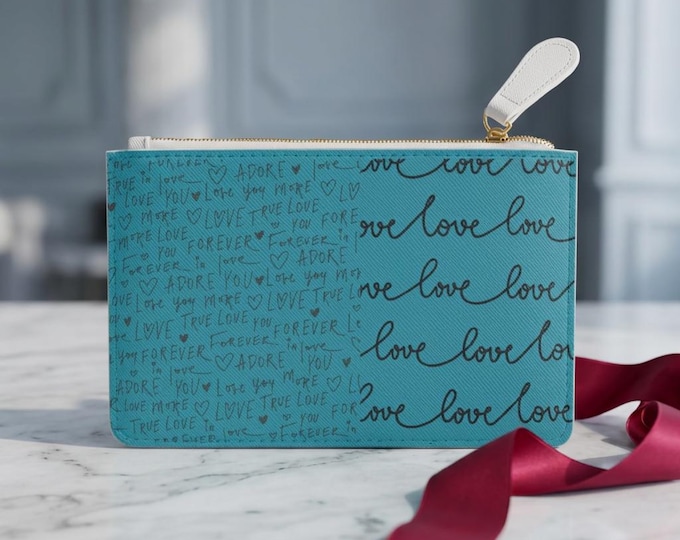 Love Handwritten Pattern Mini Coin Purse | Script Hearts, Aqua Black