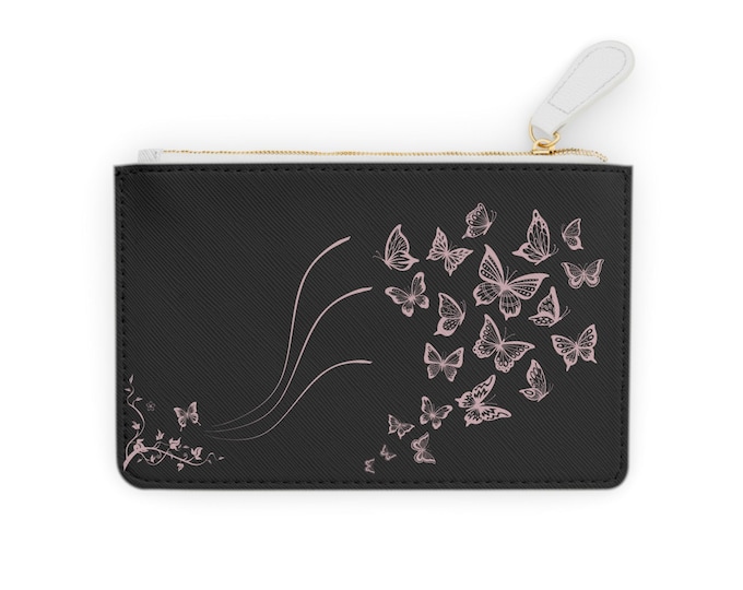 Pink Butterflies Mini Clutch Wallet | Black Sketch Swarm, Zipper Pouch
