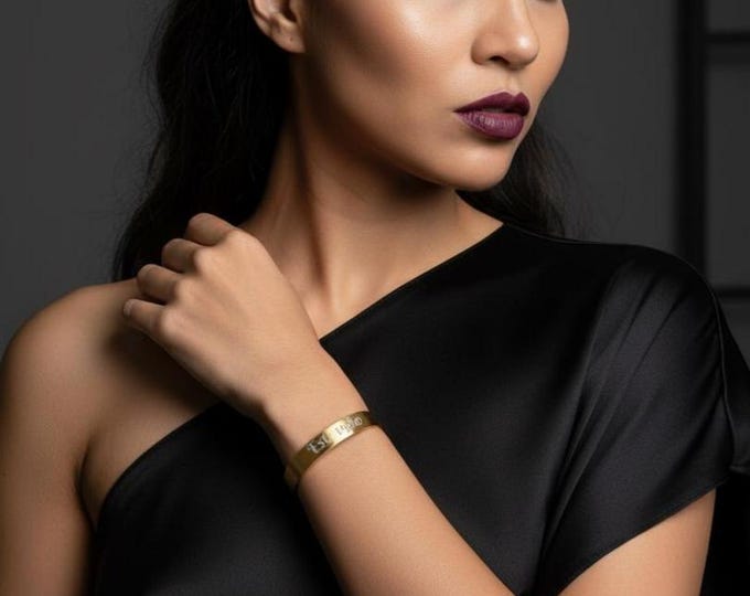 Custom Name, Est. and Zodiac, Personalized Engraved Cuff Bracelet | Personalized Engraving, Gold Tone