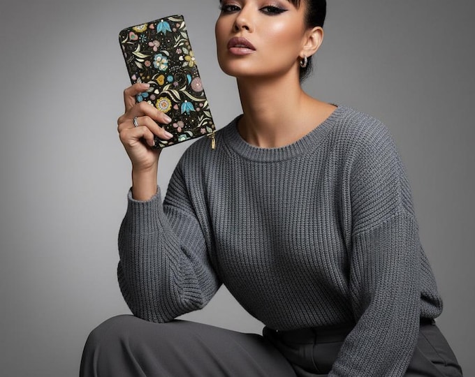 Black Vintage Floral Pattern Vertical Long Clutch Wallet