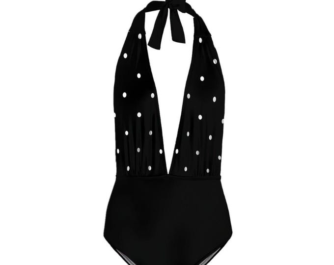 White Polka Dots Deep V One-Piece Black Swimsuit