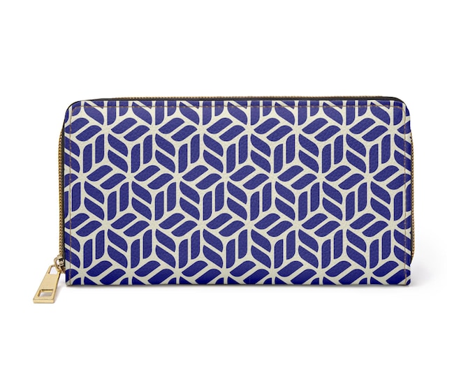 Geometric Blue Tile Pattern Zipper Wallet | Modern Navy White Design