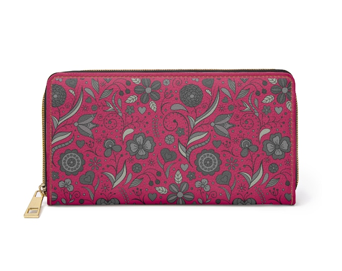 Monochrome Floral Pattern Zipper Wallet | Black Fushia Flower Design