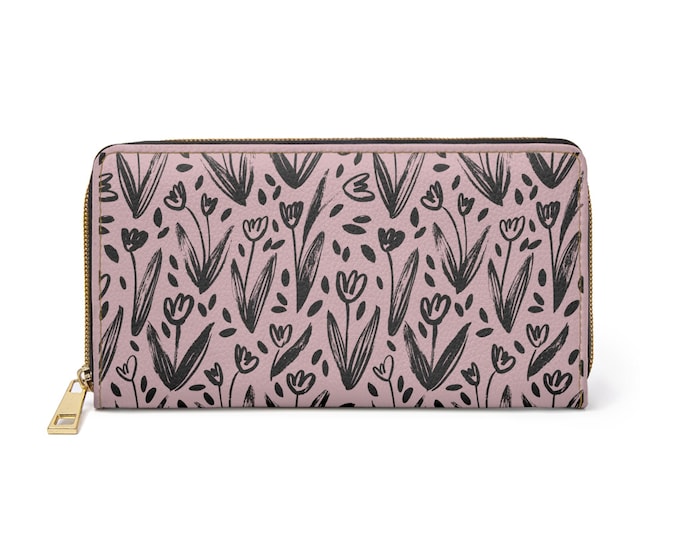 Hand Drawn Tulip Pattern Zipper Wallet | Pink Floral Wallet