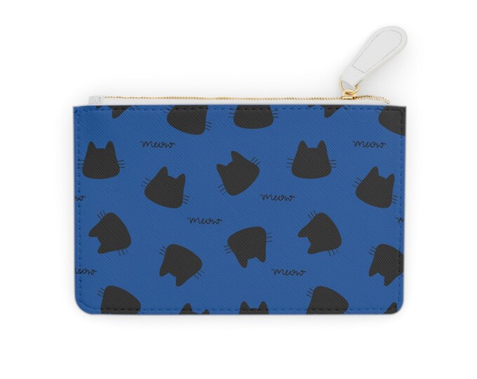 Black Cat Silhouette Pattern Mini Clutch Bag | Blue Kitty Meow Pouch
