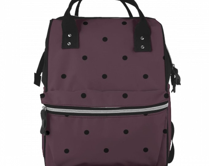 Multifunctional Large Capacity Mommy Backpack Diaper Bag, Black Polka Dots in Native Berry