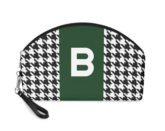 Forrest Green, Black, and White Houndstooth patterned Makeup Bag, Personalized with Initial B, Her Makeup bag, Initialized